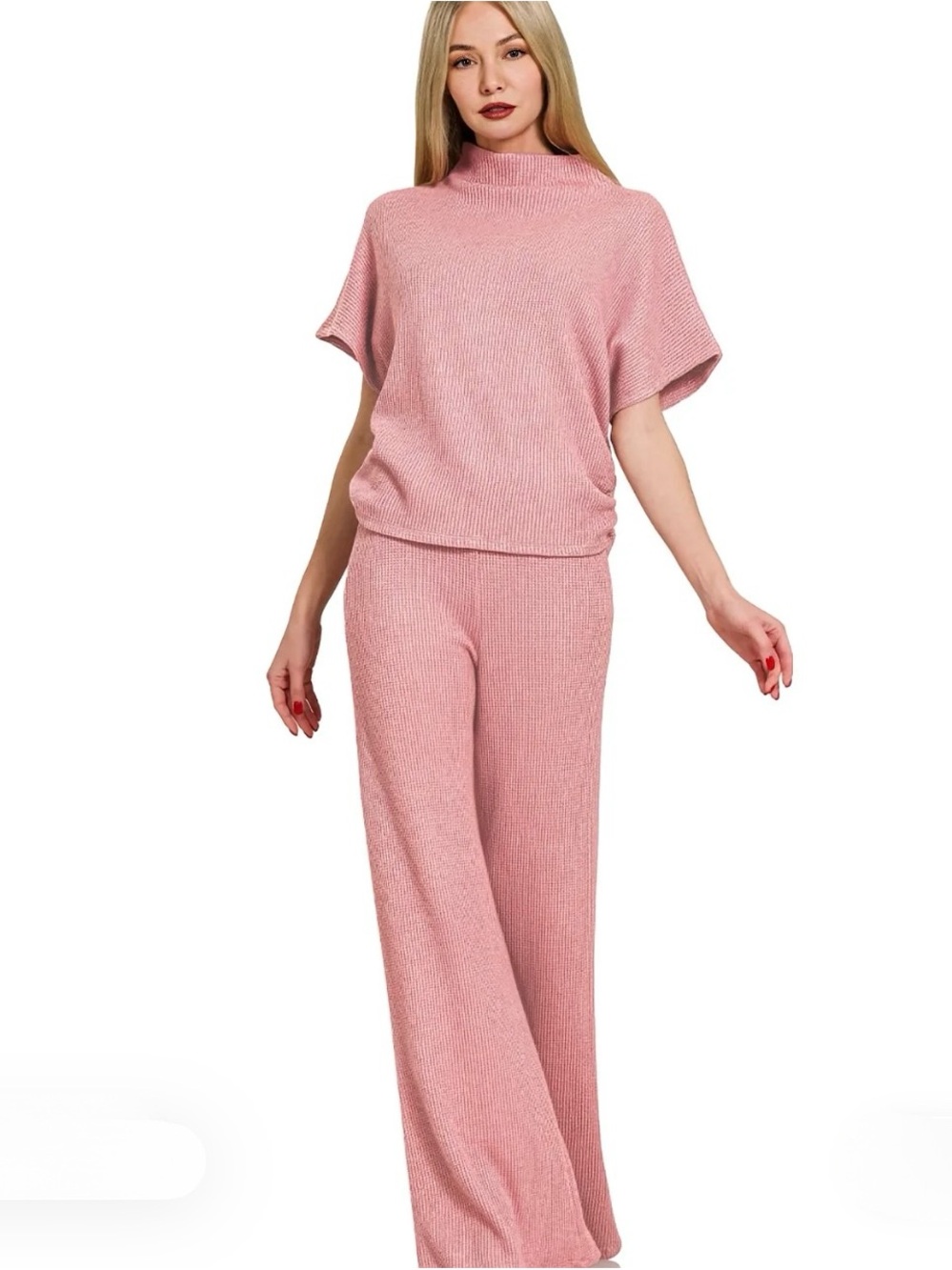 NWT Women's Pink Ribbed Knit Wide-Leg Pants & Top Set